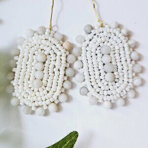 🌿 Beaded White Bohemian Shield Hoop Earrings | Handmade Indigenous Earrings